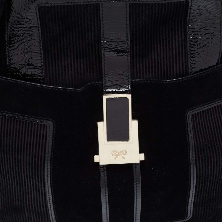 Pre Owned Anya Hindmarch Black Patent Leather and Suede Pushlock Pocket Tote