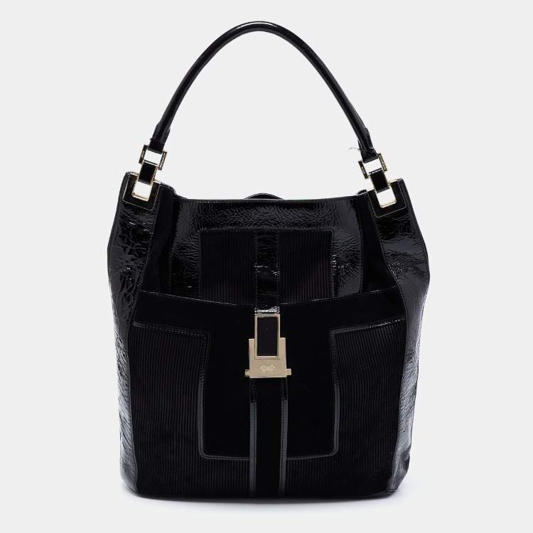 Pre Owned Anya Hindmarch Black Patent Leather and Suede Pushlock Pocket Tote