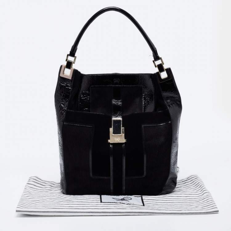 Pre Owned Anya Hindmarch Black Patent Leather and Suede Pushlock Pocket Tote