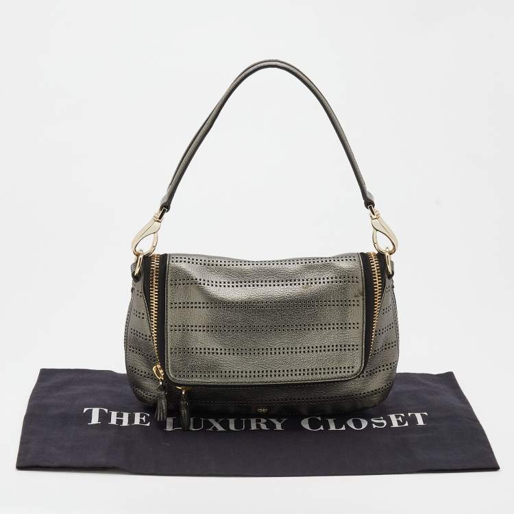 Pre Owned Anya Hindmarch Metallic Grey Perforated Leather Shoulder Bag