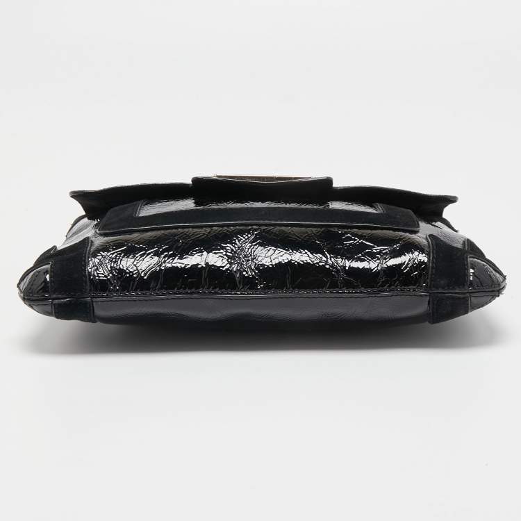 Pre Owned Anya Hindmarch Black Patent Leather And Suede Flap Clutch