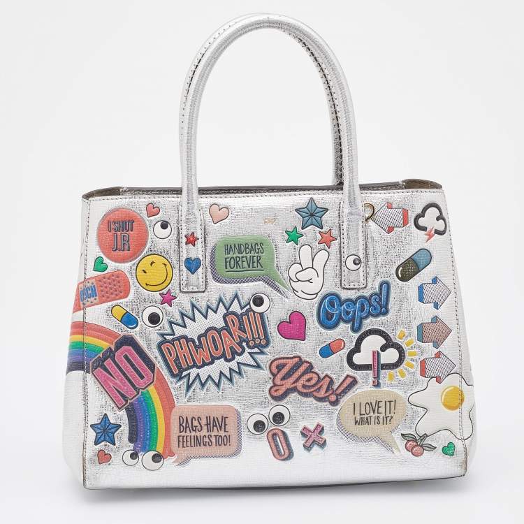 Pre Owned Anya Hindmarch Silver Leather Ebury Stickers Tote