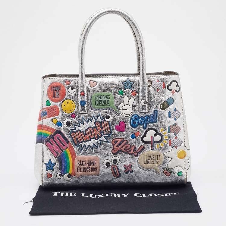 Pre Owned Anya Hindmarch Silver Leather Ebury Stickers Tote