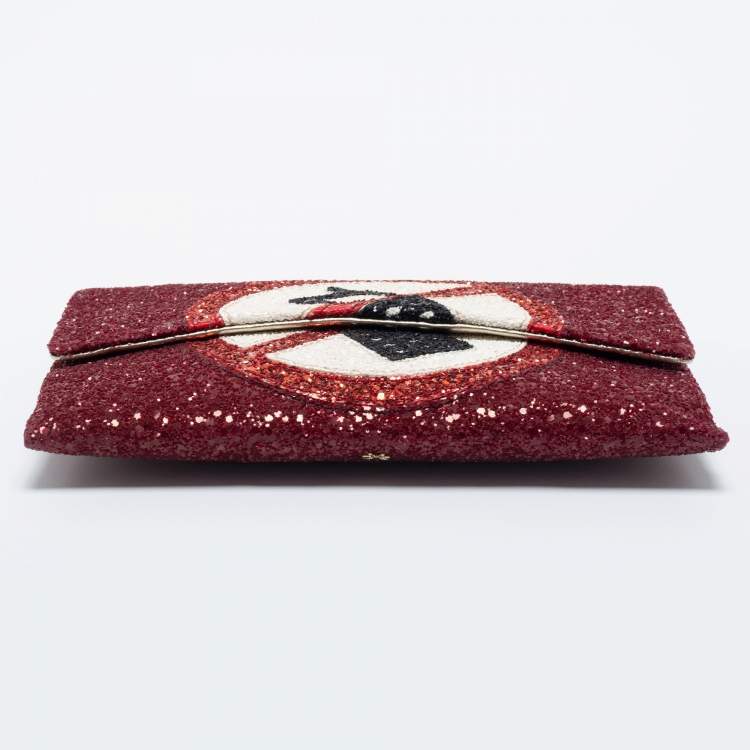 Pre Owned Anya Hindmarch Red Glitter No Mobiles Valorie Clutch