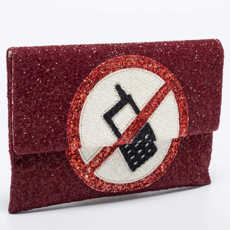 Pre Owned Anya Hindmarch Red Glitter No Mobiles Valorie Clutch