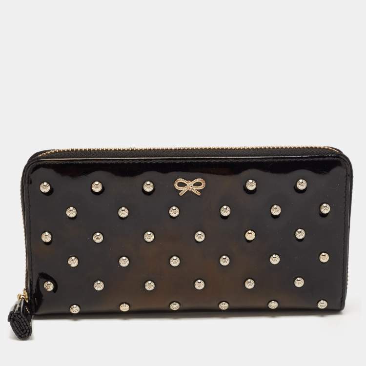 Pre Owned Anya Hindmarch Black Patent Leather Studded Zip Around Wallet