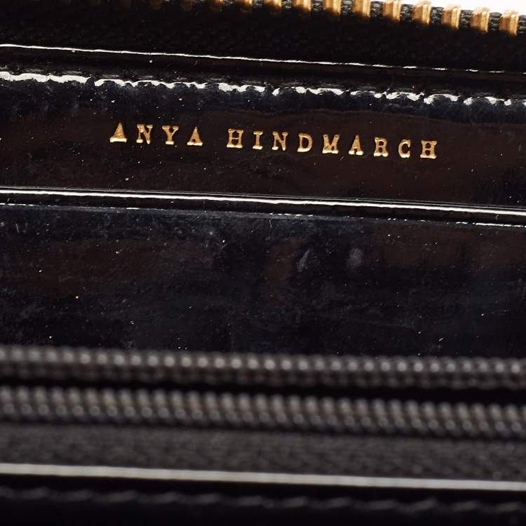 Pre Owned Anya Hindmarch Black Patent Leather Studded Zip Around Wallet