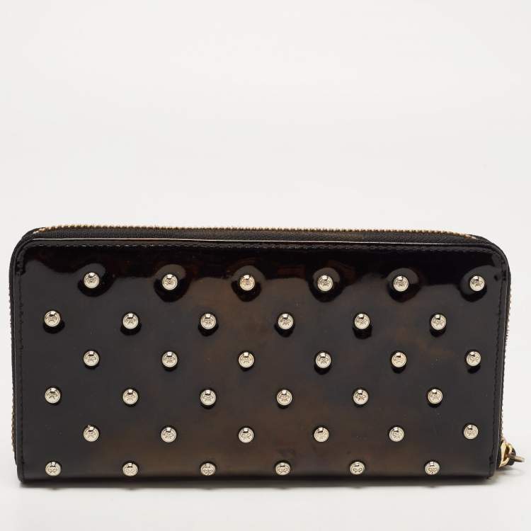 Pre Owned Anya Hindmarch Black Patent Leather Studded Zip Around Wallet