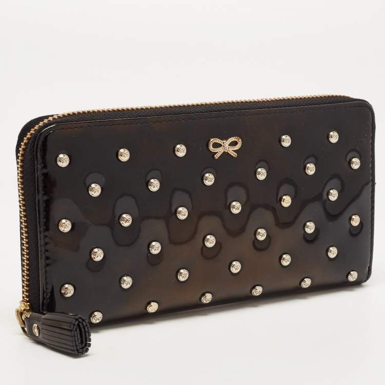 Pre Owned Anya Hindmarch Black Patent Leather Studded Zip Around Wallet
