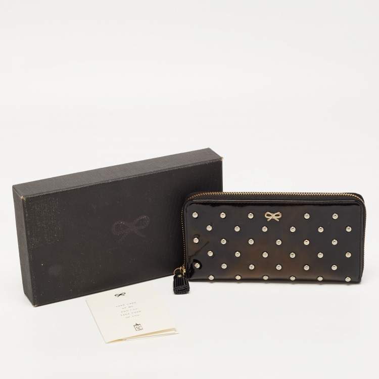 Pre Owned Anya Hindmarch Black Patent Leather Studded Zip Around Wallet