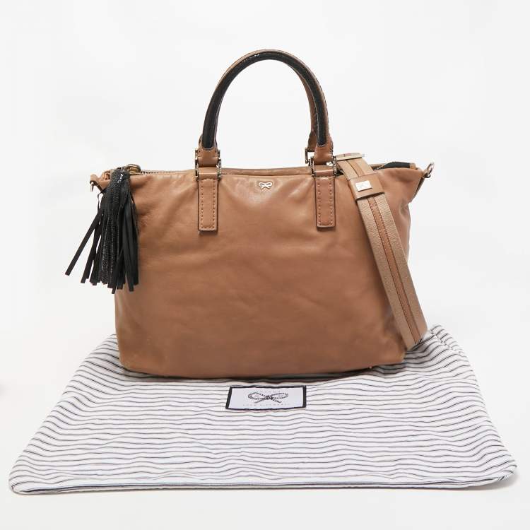 Pre Owned Anya Hindmarch Beige Leather and Stingray Embossed Tassel Zip Tote