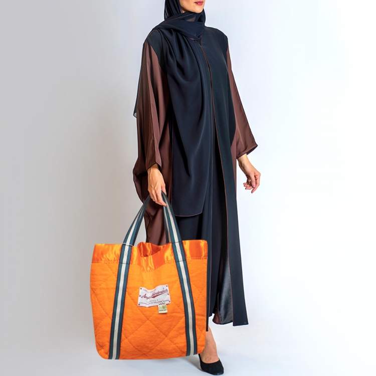 Pre Owned Anya Hindmarch Blue/Orange Quilted Wool and Satin "It Takes A Village" Collection Tote