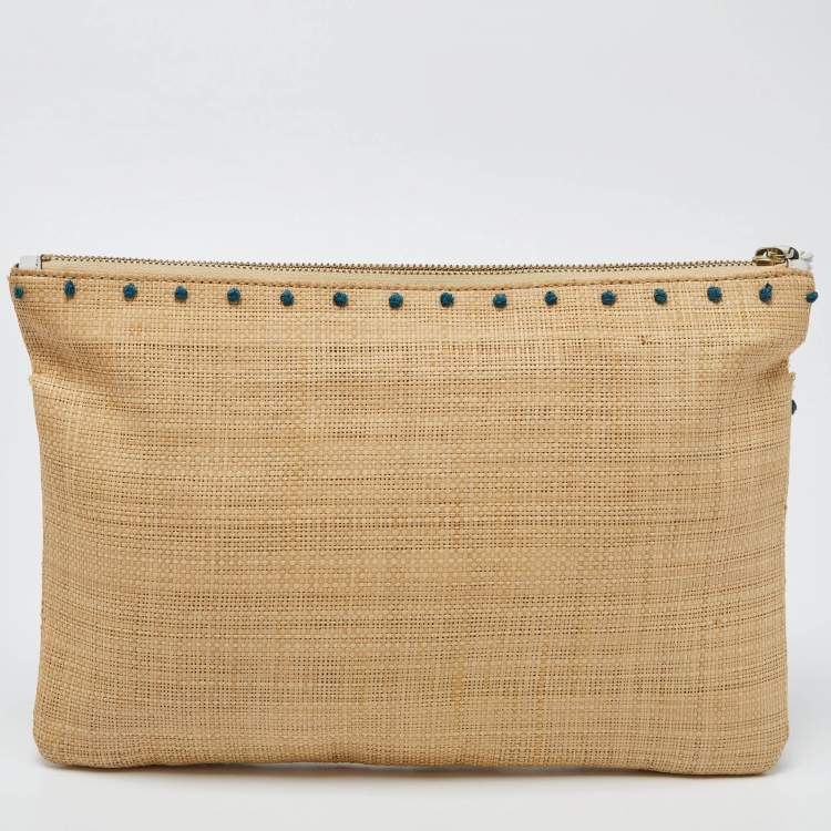Pre Owned Anya Hindmarch Beige Raffia Zip Pouch