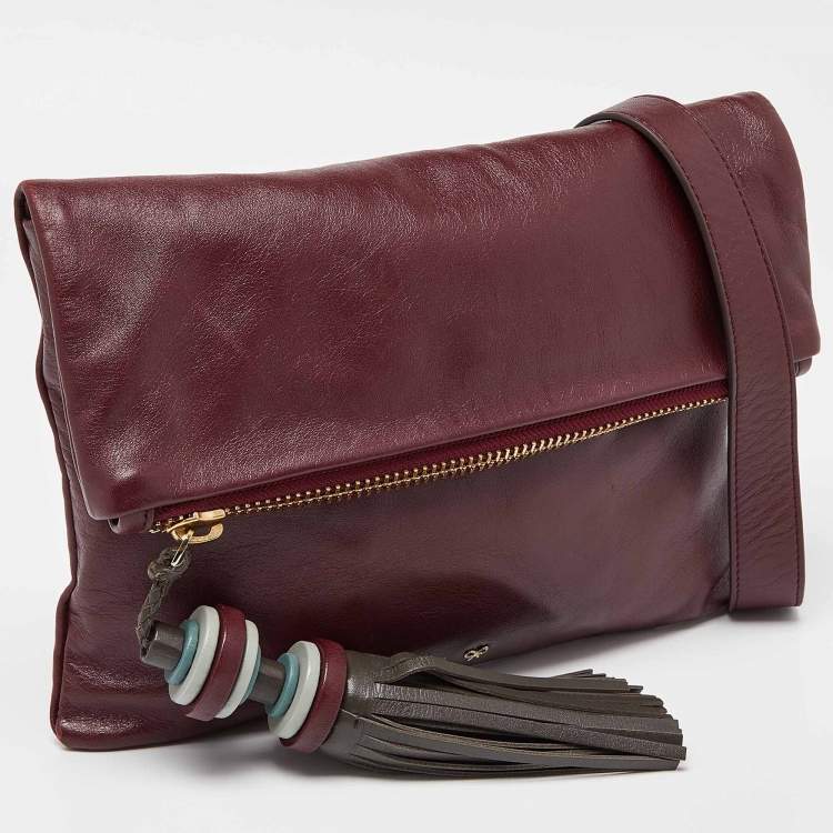 Pre Owned Anya Hindmarch Burgundy Leather Foldover Tassel Crossbody Bag