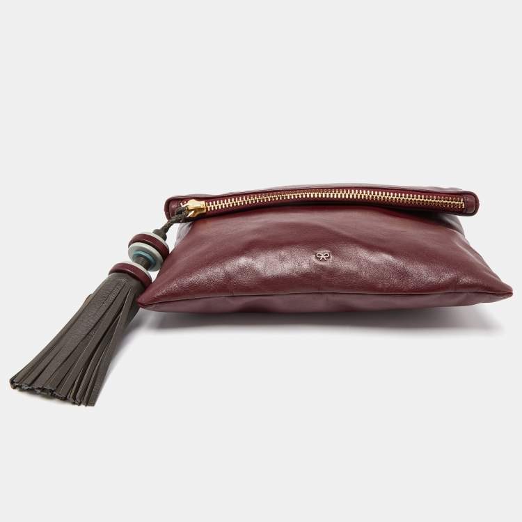 Pre Owned Anya Hindmarch Burgundy Leather Foldover Tassel Crossbody Bag