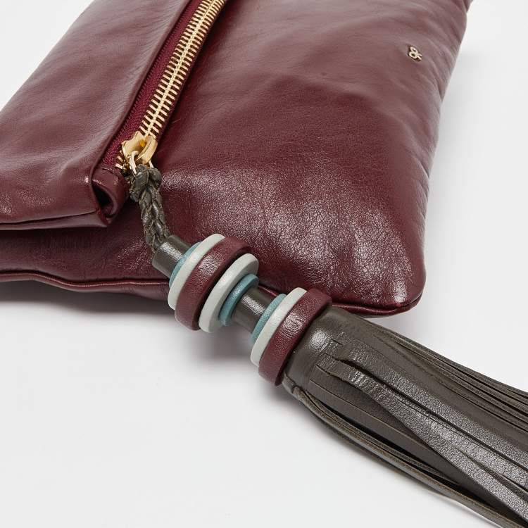 Pre Owned Anya Hindmarch Burgundy Leather Foldover Tassel Crossbody Bag
