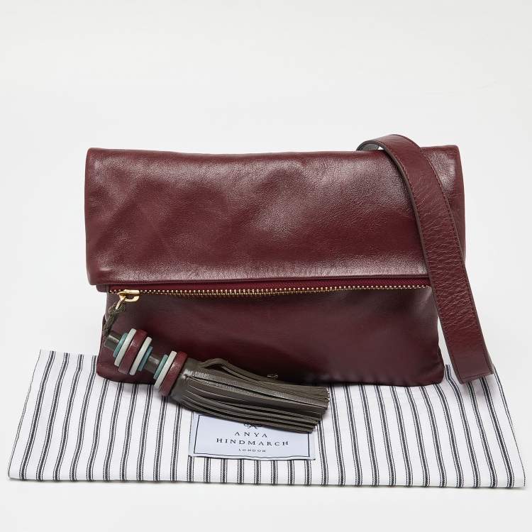 Pre Owned Anya Hindmarch Burgundy Leather Foldover Tassel Crossbody Bag