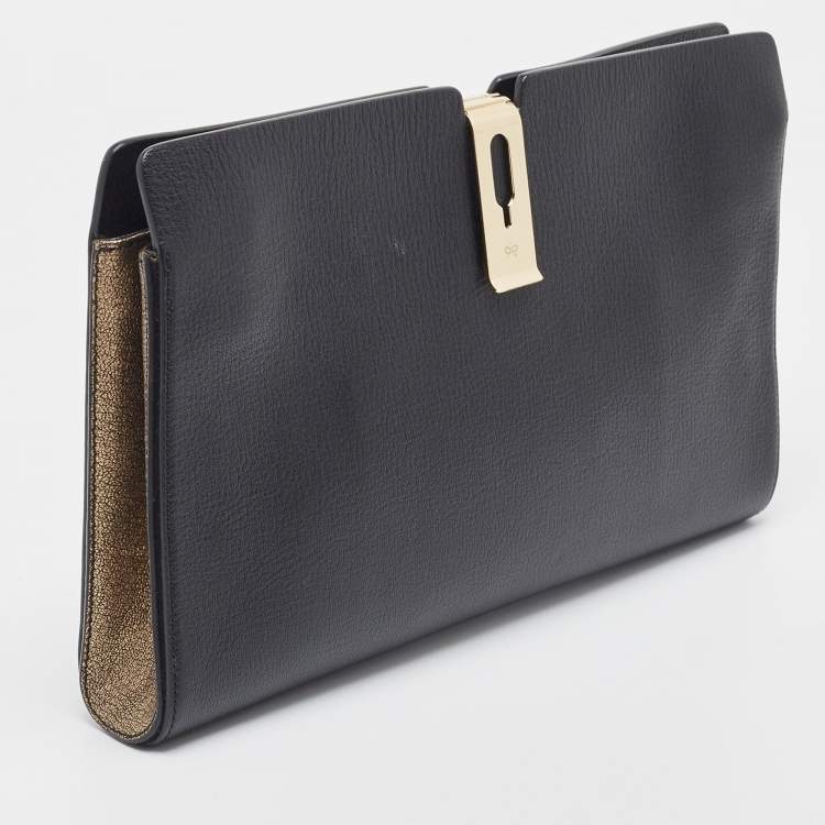 Pre Owned Anya Hindmarch Black Leather Metal Flap Clutch