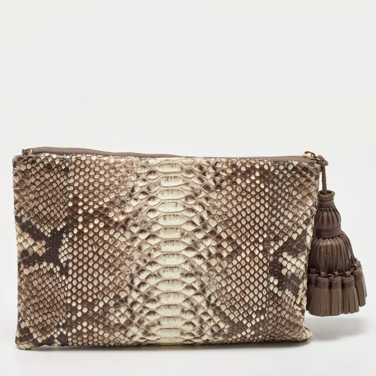 Pre Owned Anya Hindmarch Beige Python Zip Tassel Pouch