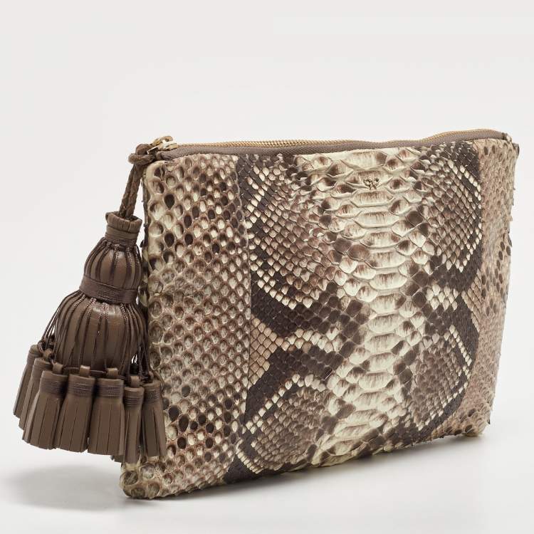 Pre Owned Anya Hindmarch Beige Python Zip Tassel Pouch