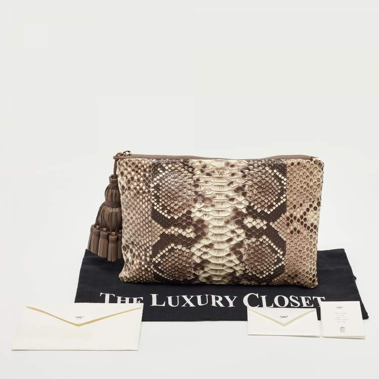 Pre Owned Anya Hindmarch Beige Python Zip Tassel Pouch