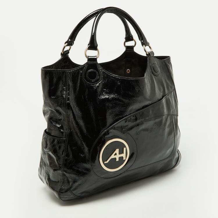 Pre Owned Anya Hindmarch Black Patent Leather Logo Hobo