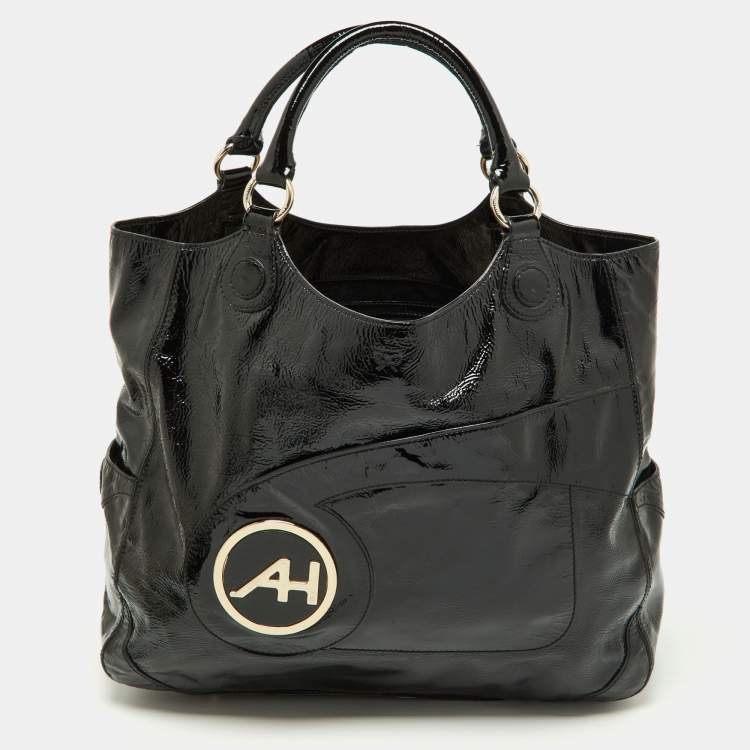 Pre Owned Anya Hindmarch Black Patent Leather Logo Hobo