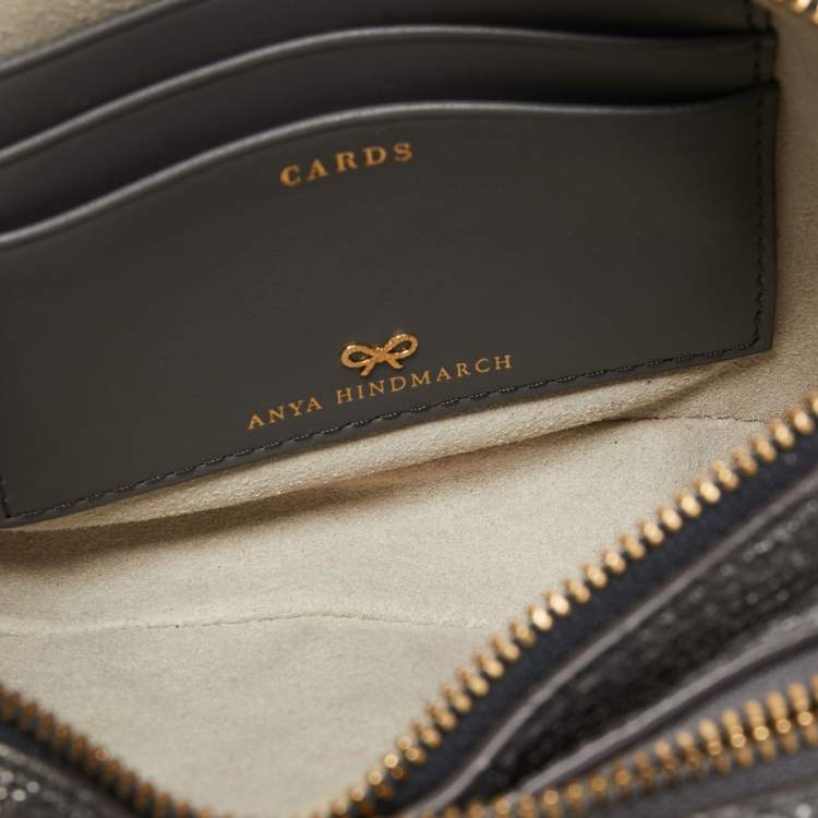 Pre Owned Anya Hindmarch Metallic Grey Crinkled Leather Double Stack Crossbody Bag