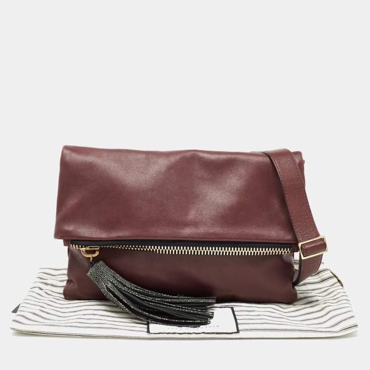 Pre Owned Anya Hindmarch Burgundy Leather Fold Over Tassel Crossbody Bag