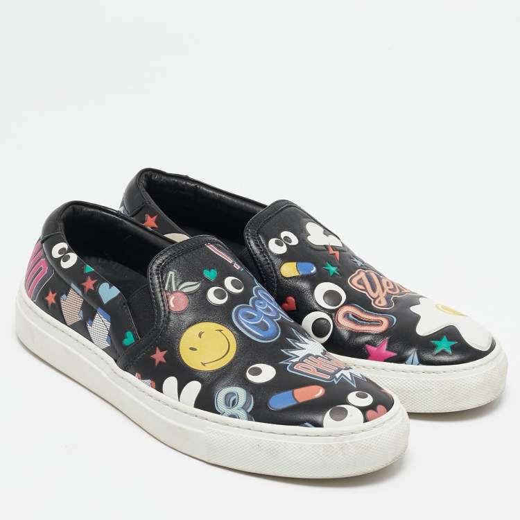 Pre Owned Anya Hindmarch Black Leather Slip On Sneakers Size 35