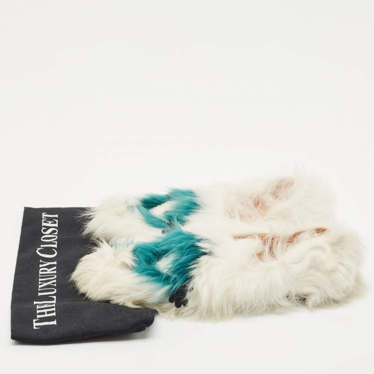 Pre Owned Anya Hindmarch White/Green Fur Flats Size 38