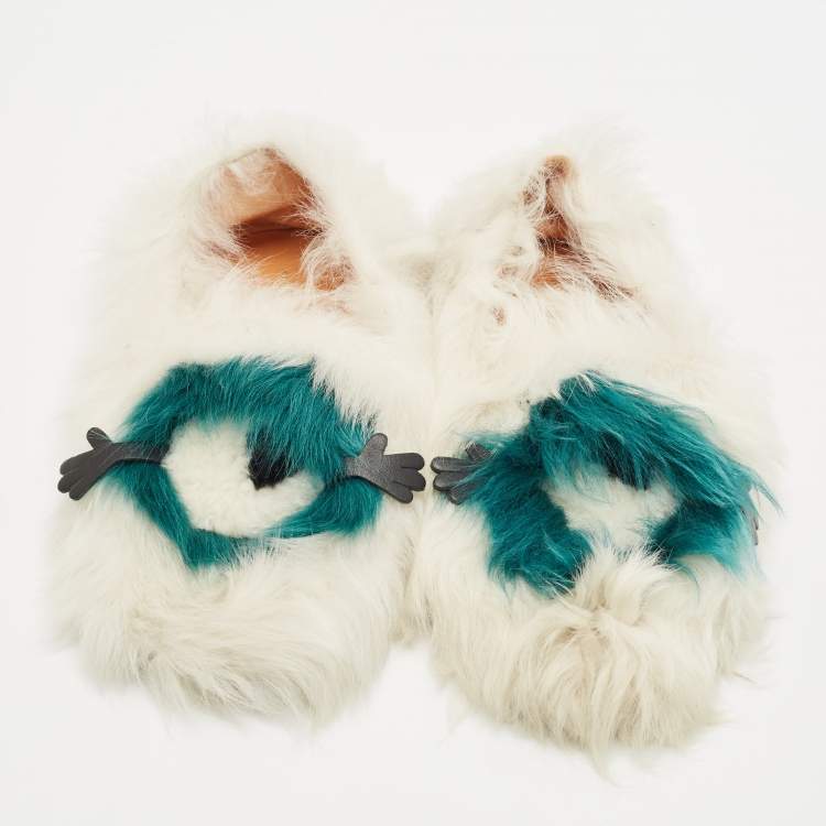 Pre Owned Anya Hindmarch White/Green Fur Flats Size 38