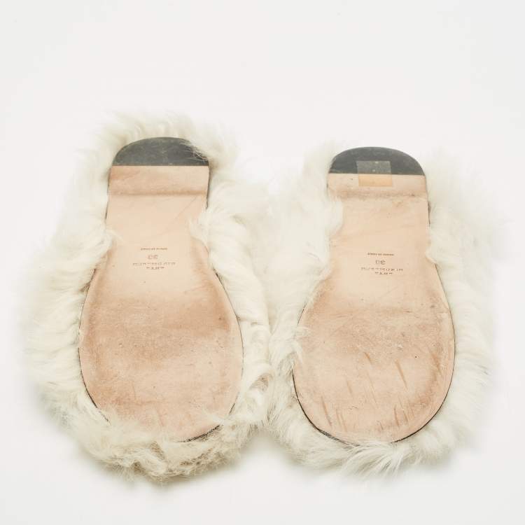 Pre Owned Anya Hindmarch White/Green Fur Flats Size 38