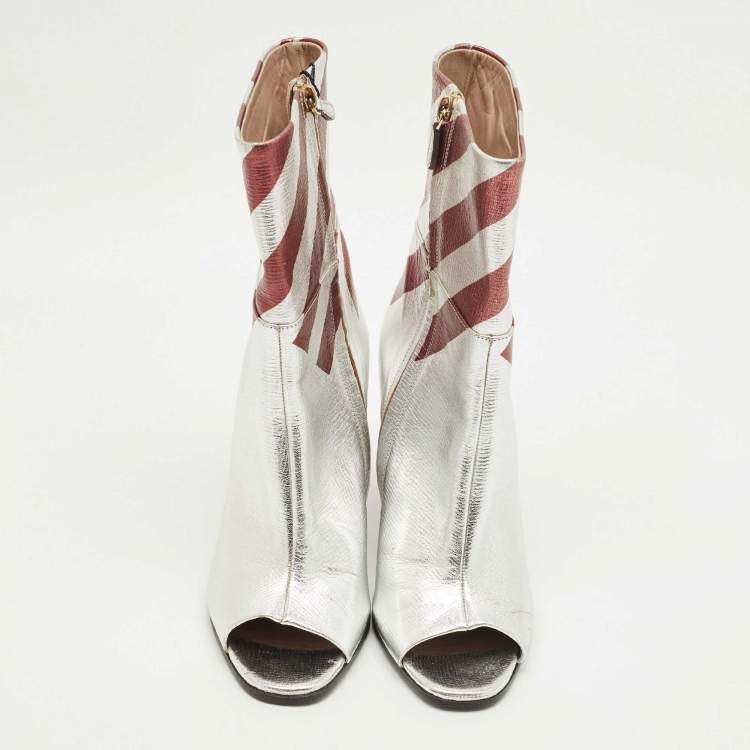 Pre Owned Anya Hindmarch Silver Leather Open Toe Ankle Length Boots Size 39