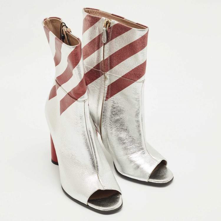 Pre Owned Anya Hindmarch Silver Leather Open Toe Ankle Length Boots Size 39