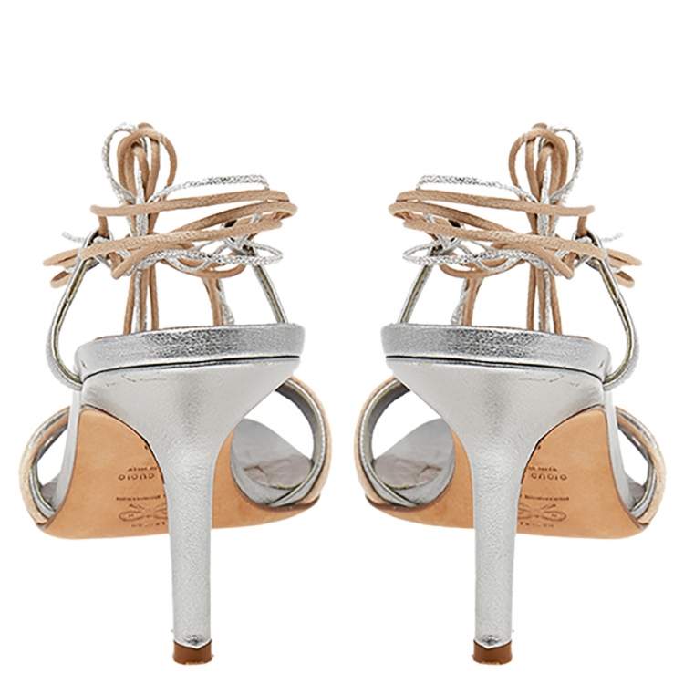 Pre Owned Anya Hindmarch Beige/Silver Leather And Rope Tie Up Sandals Size 39