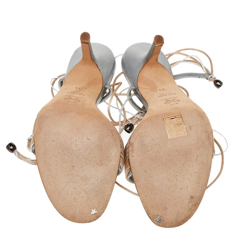 Pre Owned Anya Hindmarch Beige/Silver Leather And Rope Tie Up Sandals Size 39