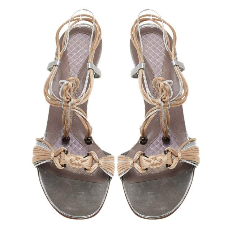Pre Owned Anya Hindmarch Beige/Silver Leather And Rope Tie Up Sandals Size 39