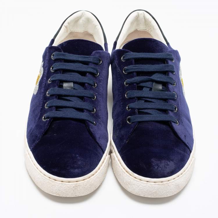 Pre Owned Anya Hindmarch Navy Blue Velvet Egg Sneakers Size 37