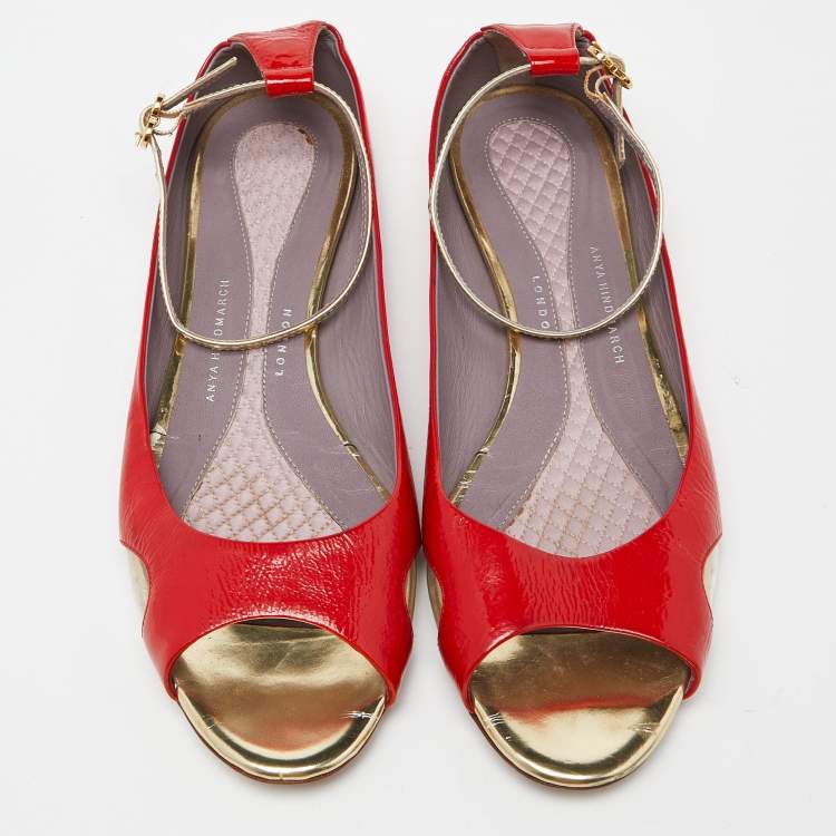 Pre Owned Anya Hindmarch Red Patent Leather Open Toe Ankle Strap Flats Size 39