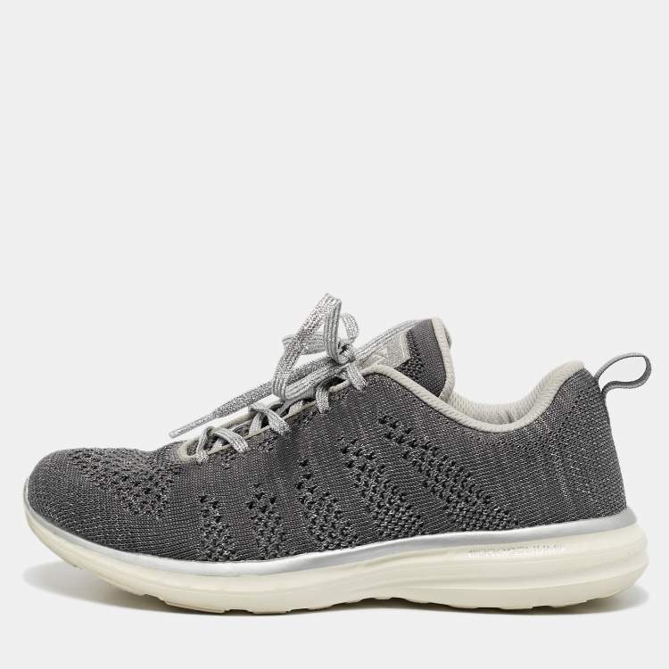 Pre Owned APL Silver/Grey Knit Fabric Runner Lace Up Sneakers Size 37