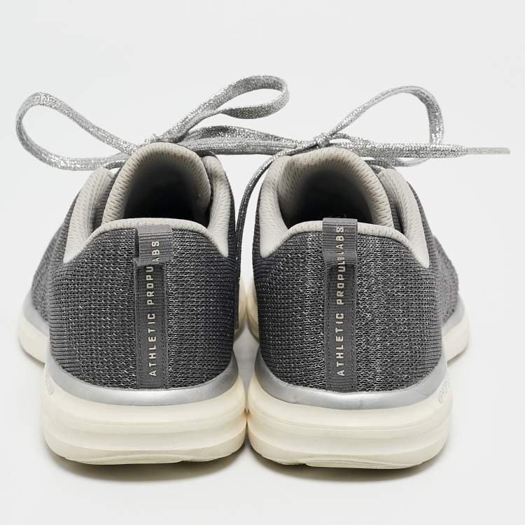 Pre Owned APL Silver/Grey Knit Fabric Runner Lace Up Sneakers Size 37