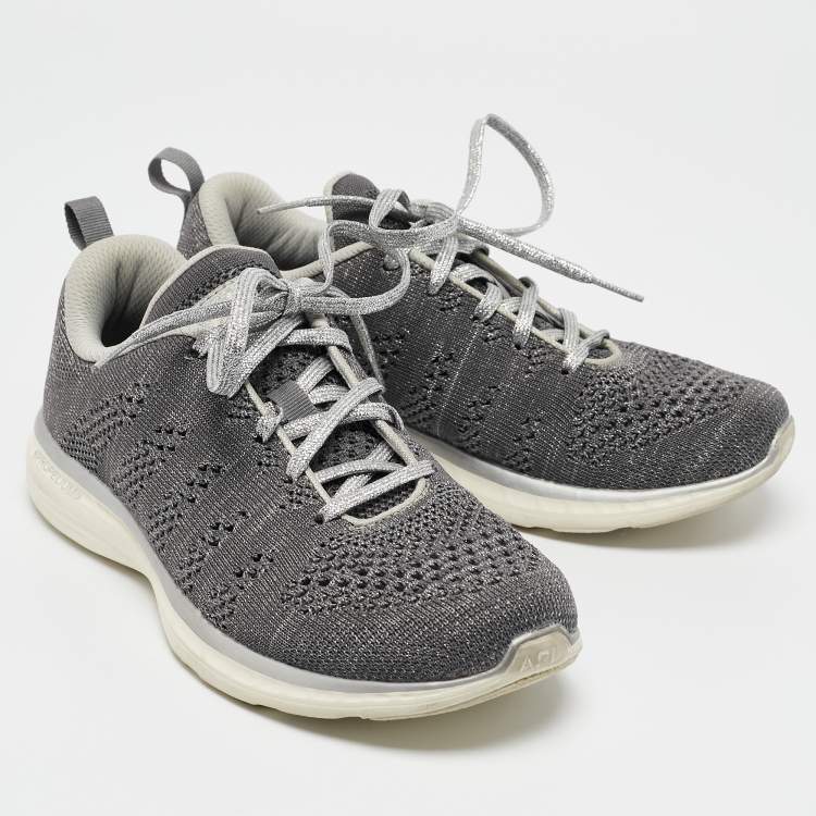Pre Owned APL Silver/Grey Knit Fabric Runner Lace Up Sneakers Size 37