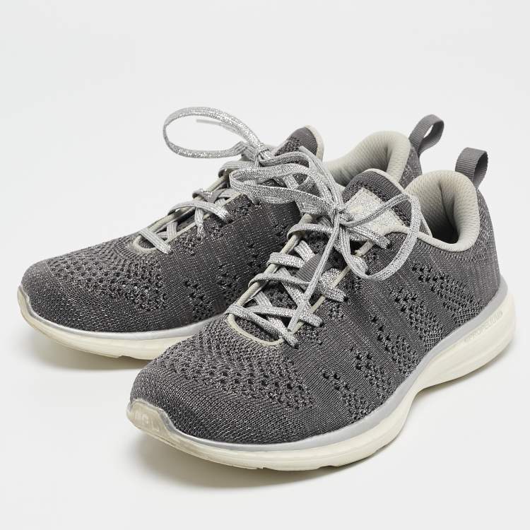 Pre Owned APL Silver/Grey Knit Fabric Runner Lace Up Sneakers Size 37