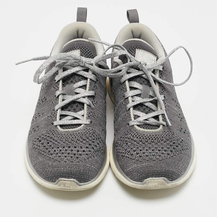Pre Owned APL Silver/Grey Knit Fabric Runner Lace Up Sneakers Size 37