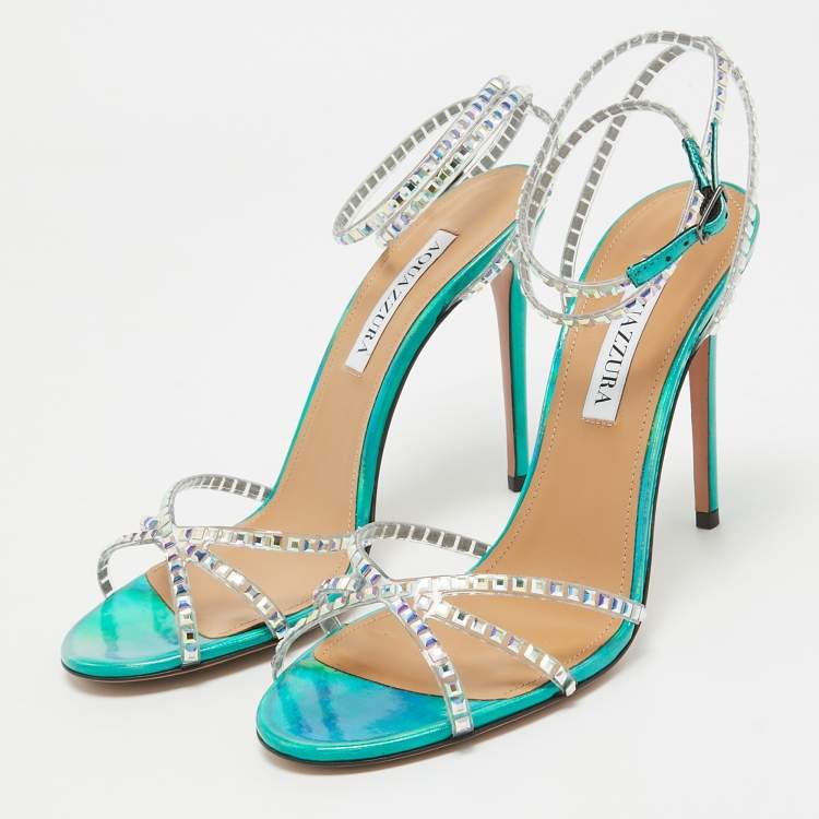 مملوكة مسبقًا Aquazzura Transparent/Metallic Aqua PVC and Leather Dance Plexi Sandals Size 38