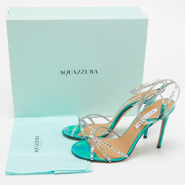 مملوكة مسبقًا Aquazzura Transparent/Metallic Aqua PVC and Leather Dance Plexi Sandals Size 38