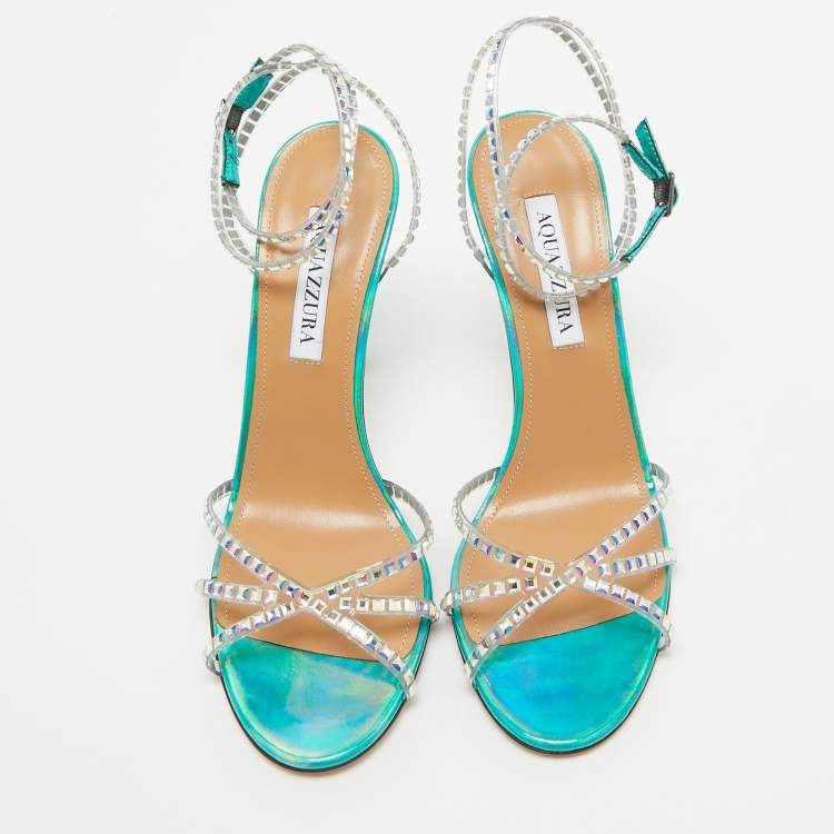 مملوكة مسبقًا Aquazzura Transparent/Metallic Aqua PVC and Leather Dance Plexi Sandals Size 38