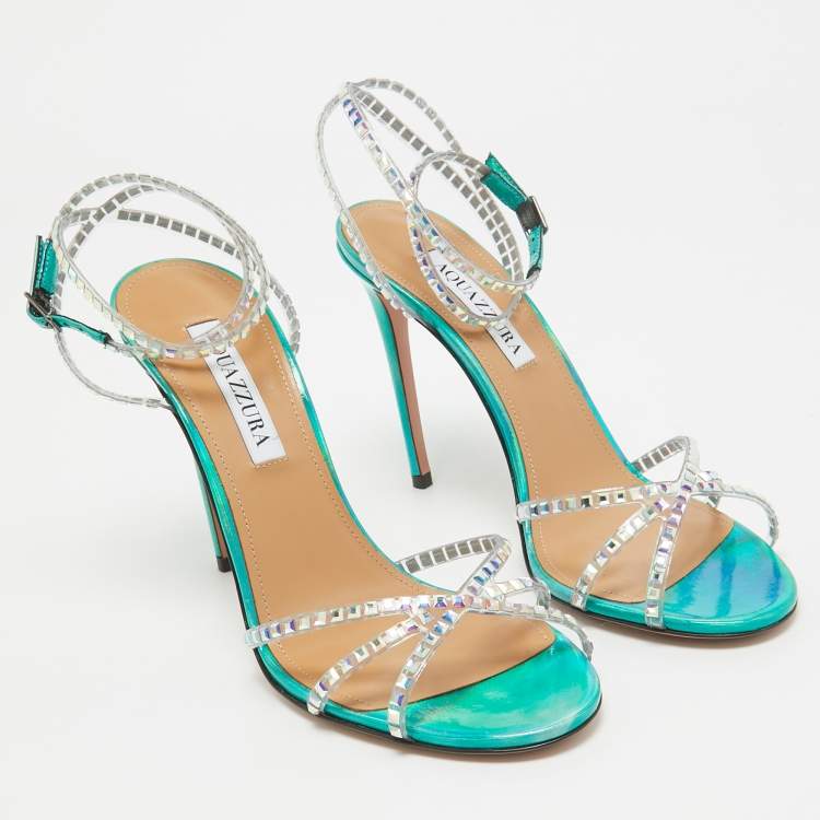 مملوكة مسبقًا Aquazzura Transparent/Metallic Aqua PVC and Leather Dance Plexi Sandals Size 38