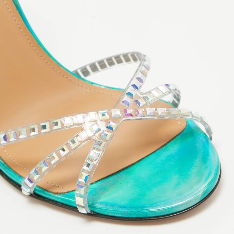 مملوكة مسبقًا Aquazzura Transparent/Metallic Aqua PVC and Leather Dance Plexi Sandals Size 38